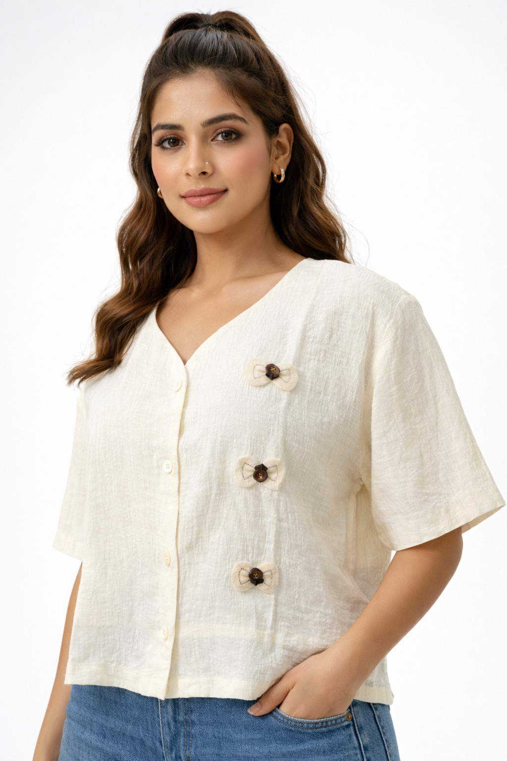 Elegant Off-White Button Detail Top – Minimal V-Neck Blouse