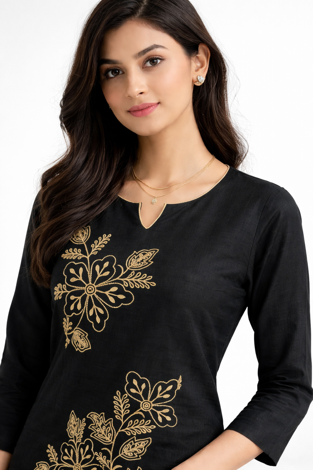 Elegant Black Kurta Set with Gold Floral Embroidery