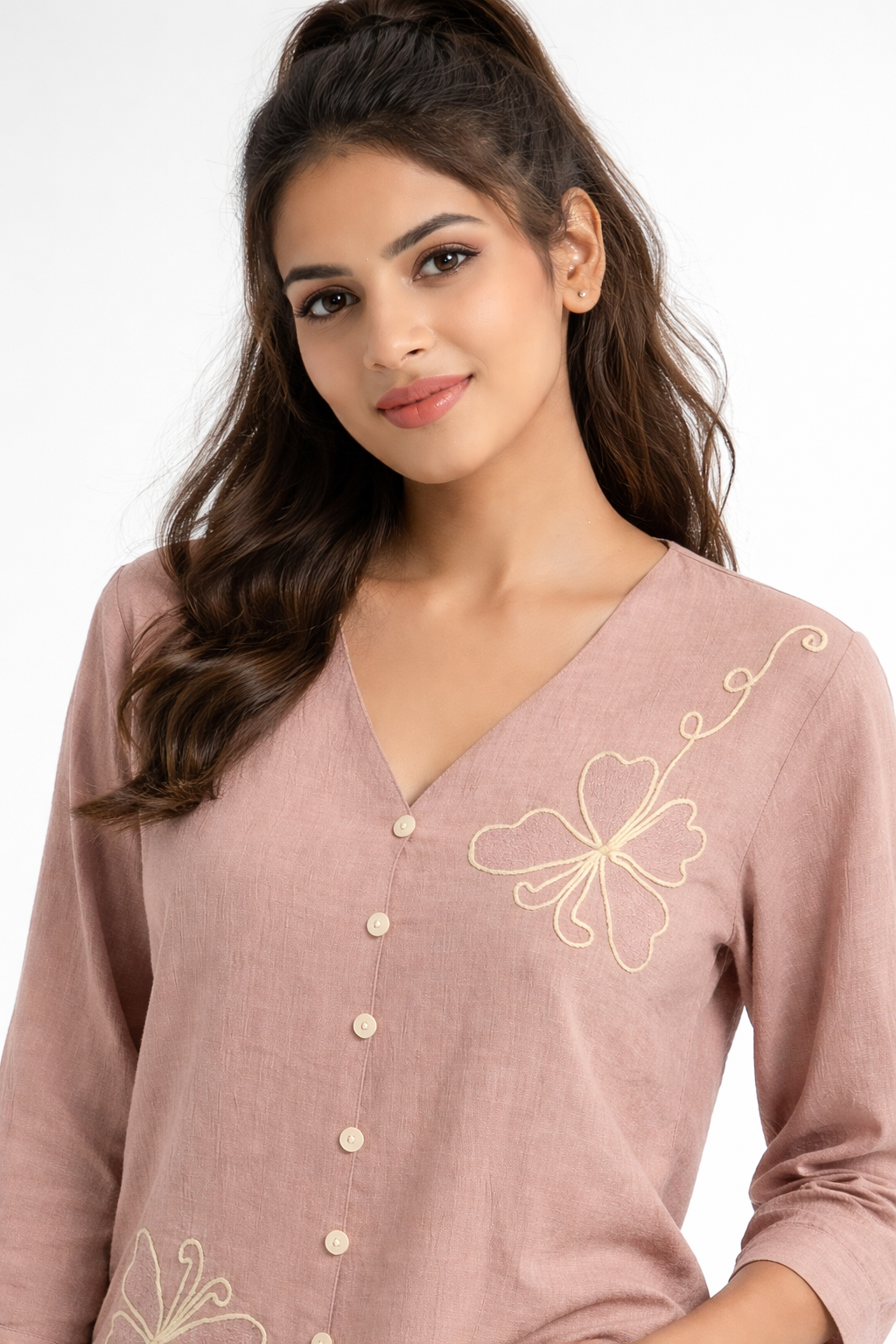 Dusty Rose Embroidered V-Neck Casual Top for Women