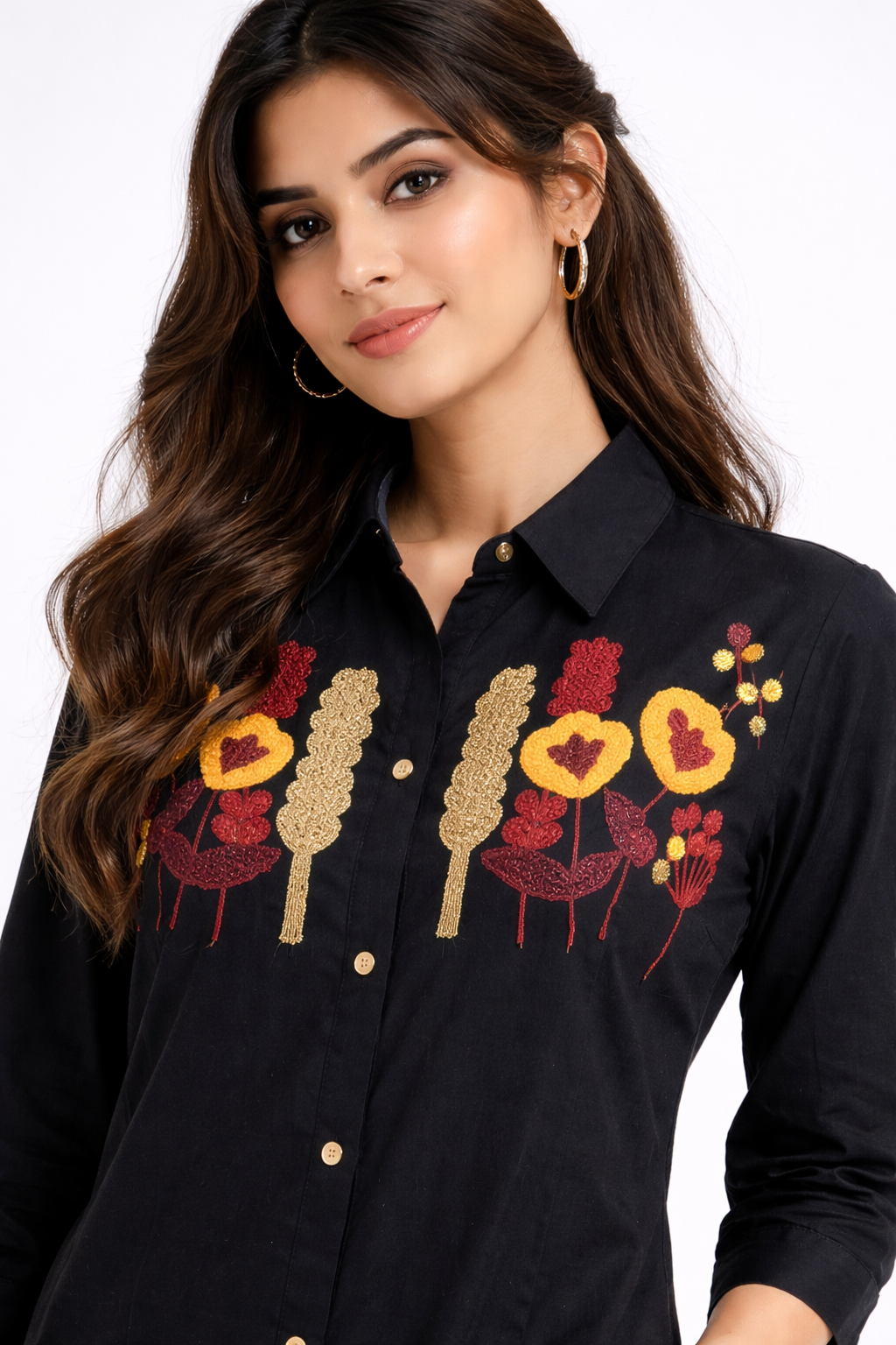 Elegant Black Embroidered Kurta Set with Shirt Collar.