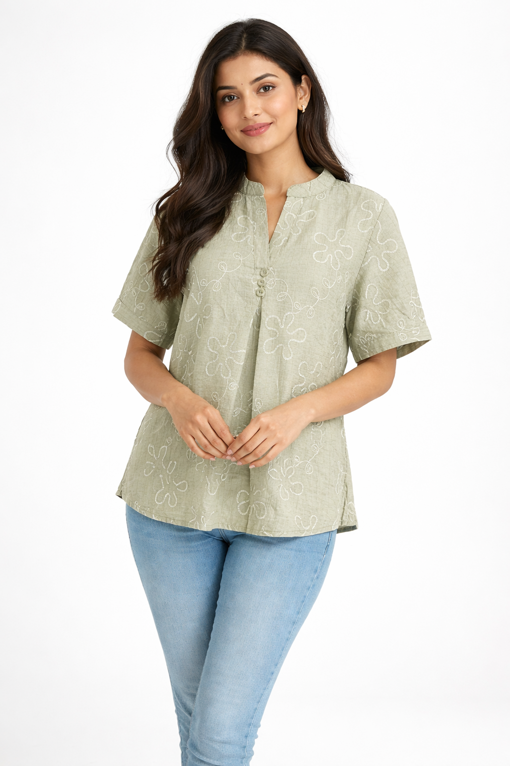 Sage Green Embroidered Top – Minimal Button Detail Top