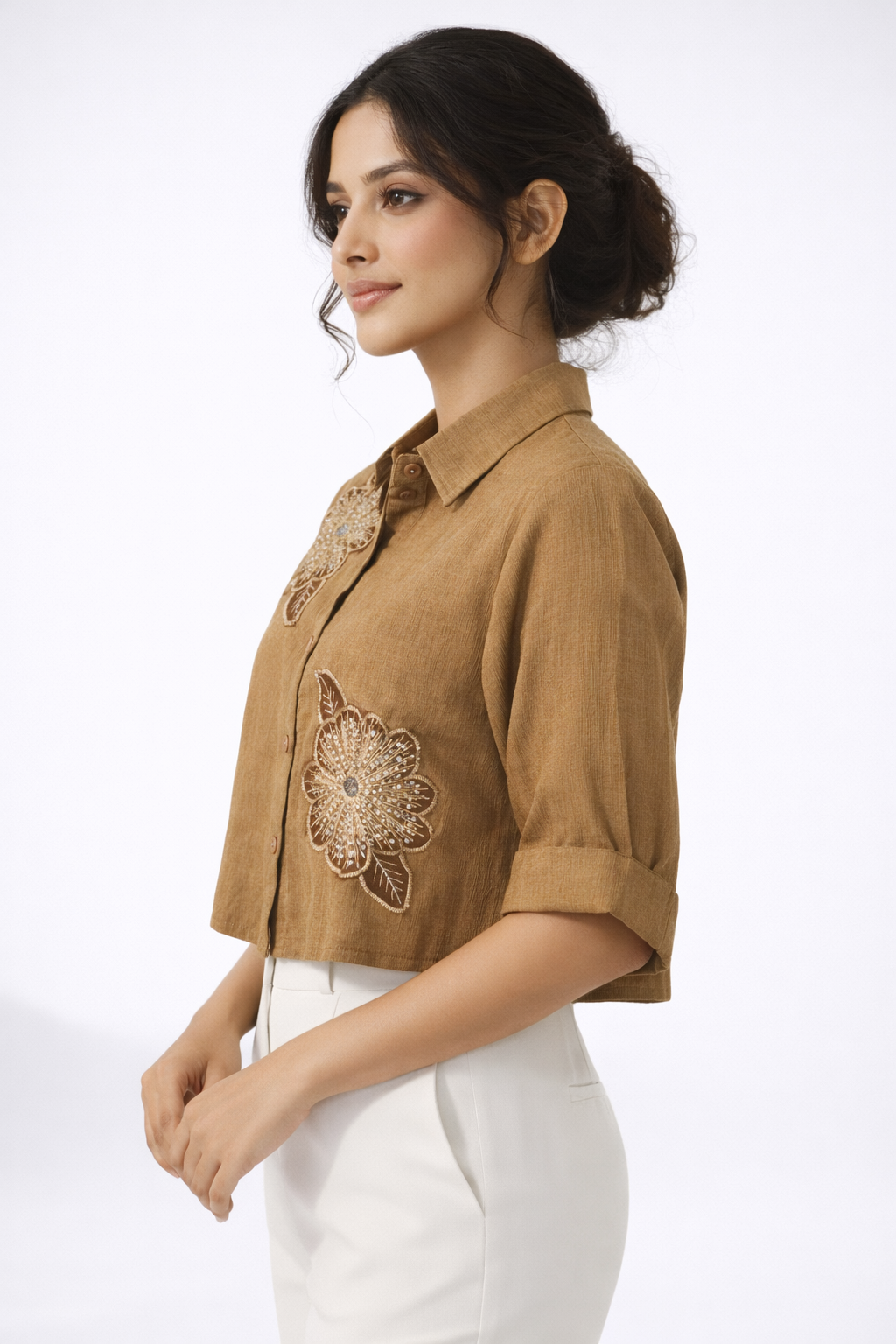 Brown Embroidered Crop Shirt – Elegant Floral Detail Top