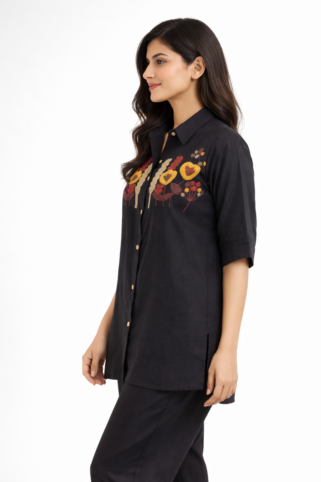 Elegant Black Embroidered Kurta Set with Shirt Collar.