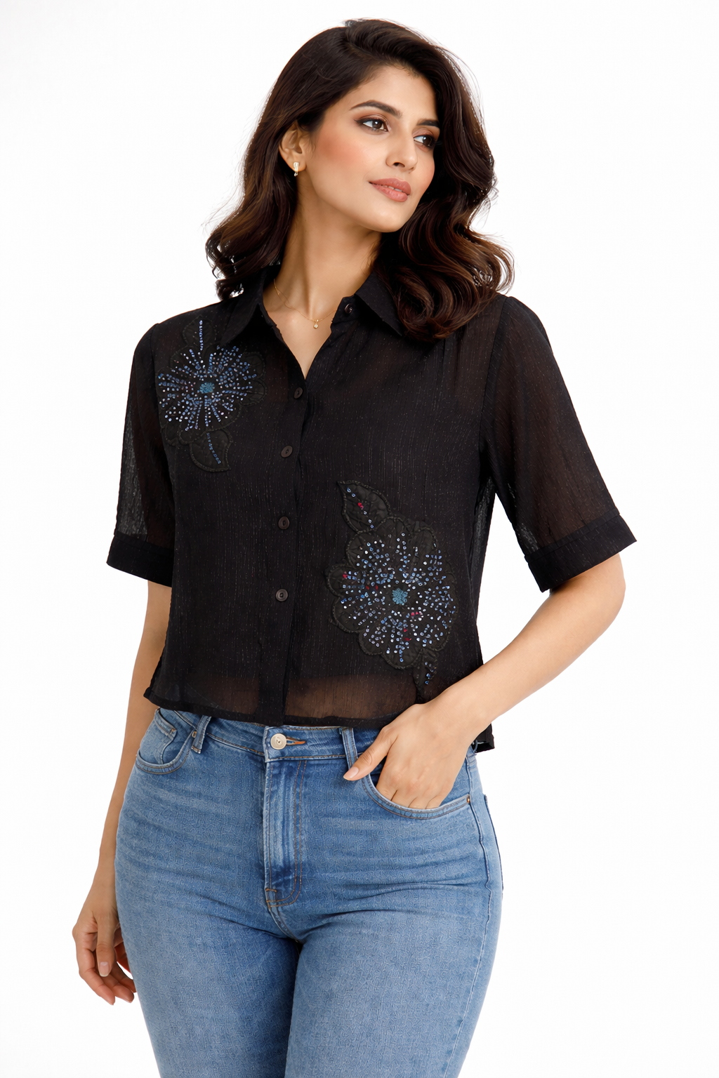 Black Embroidered Crop Shirt – Elegant Floral Detail Top