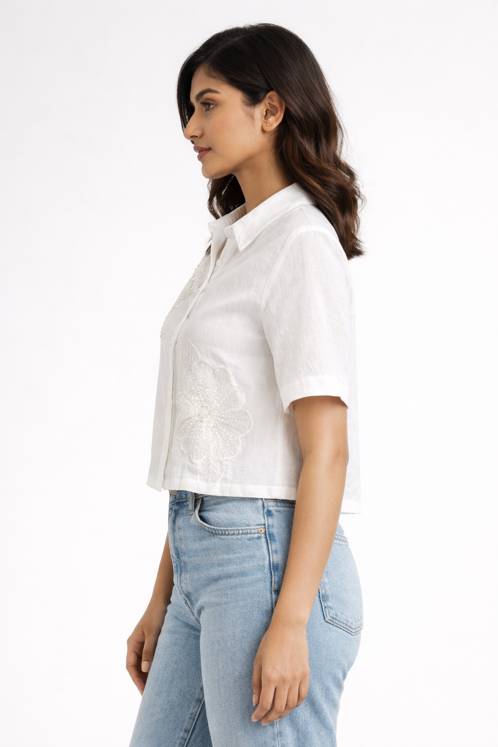 White Embroidered Crop Shirt – Elegant Floral Detail Top