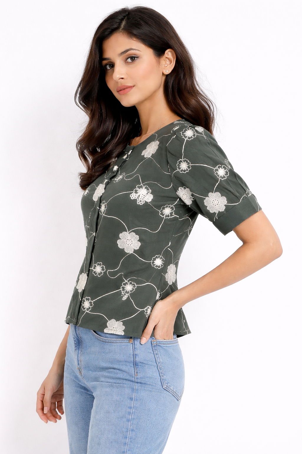 Olive Green Floral Embroidered Casual Top for Women