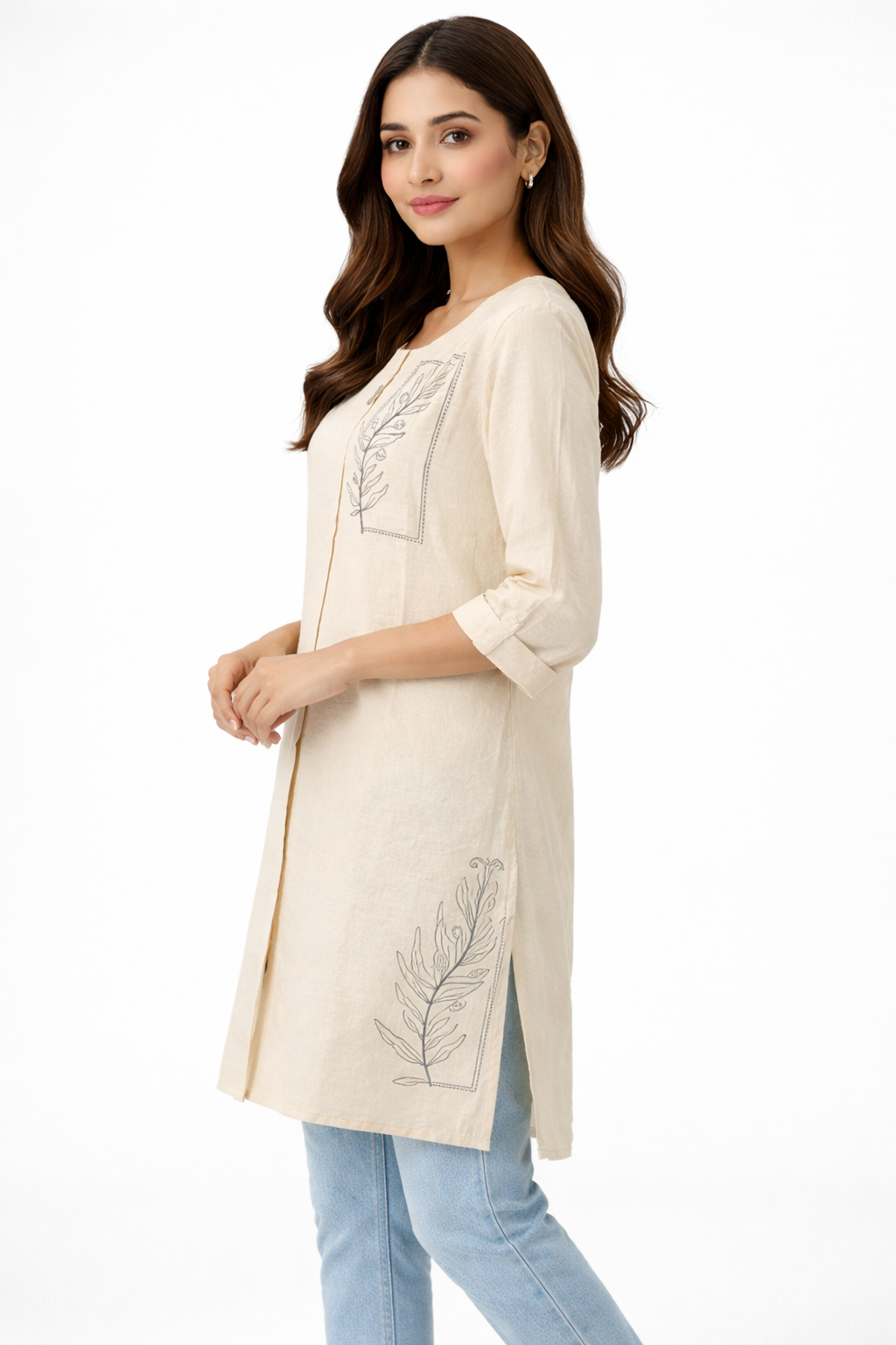 Kurta featuring  with a relaxed silhouette and finished with contrasting placement embroidery.