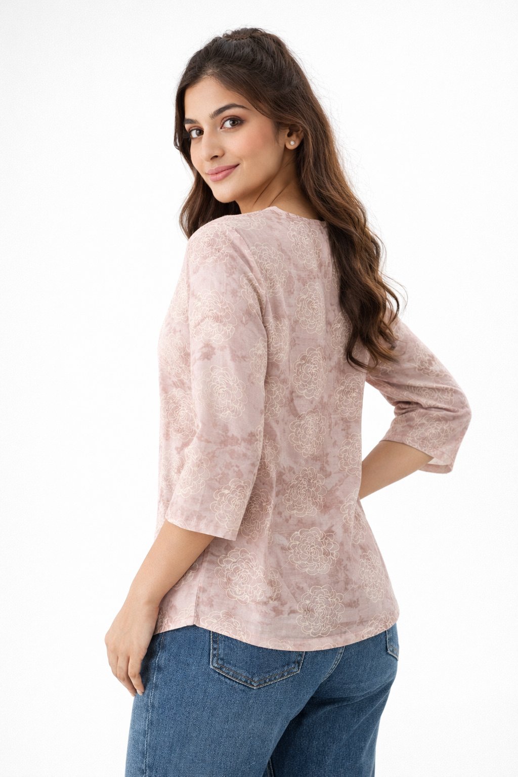 Dusty Pink Floral Printed Top – Elegant Pleated Neck