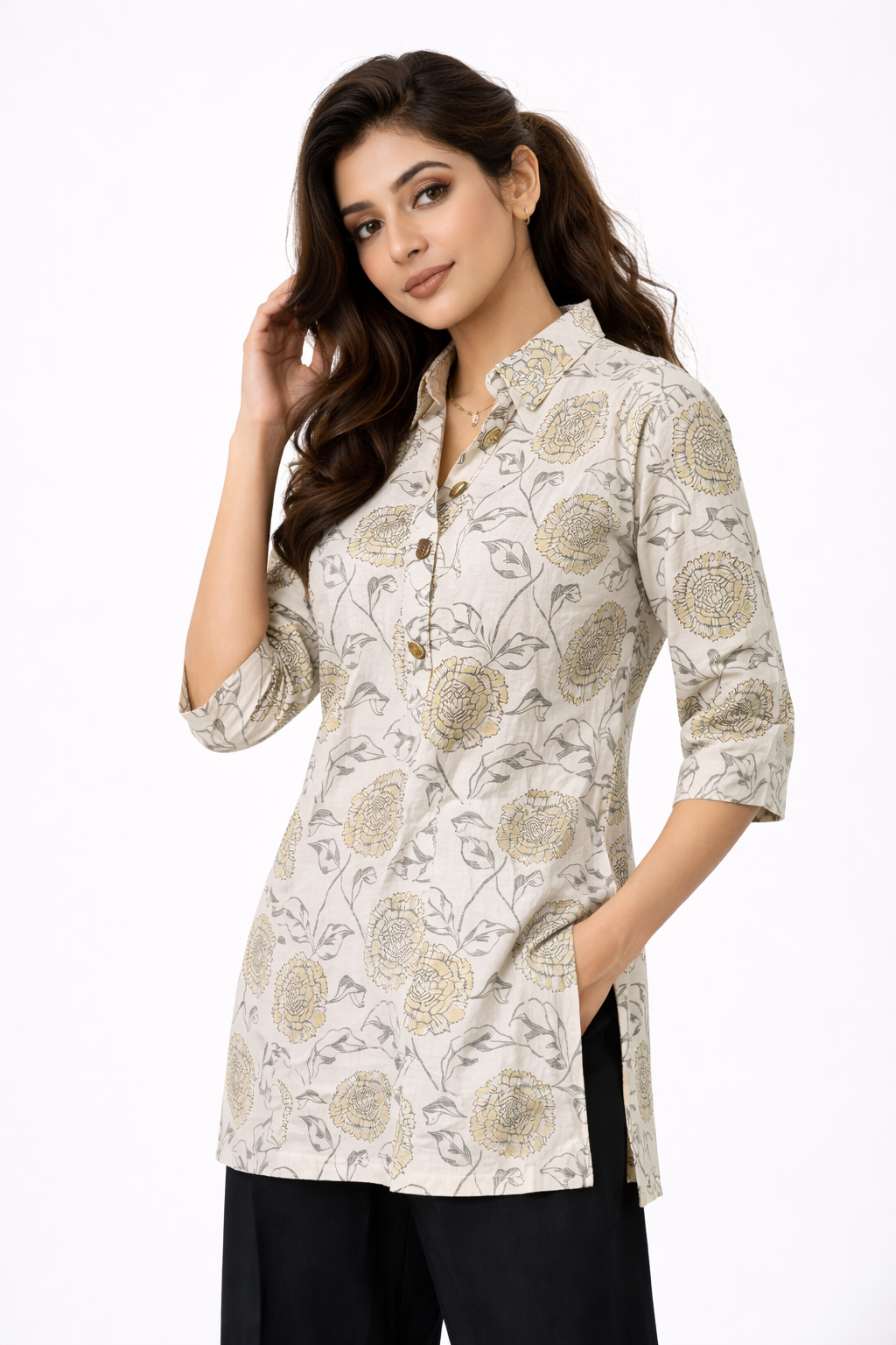 Elegant Beige Floral Printed Straight Kurta and pant