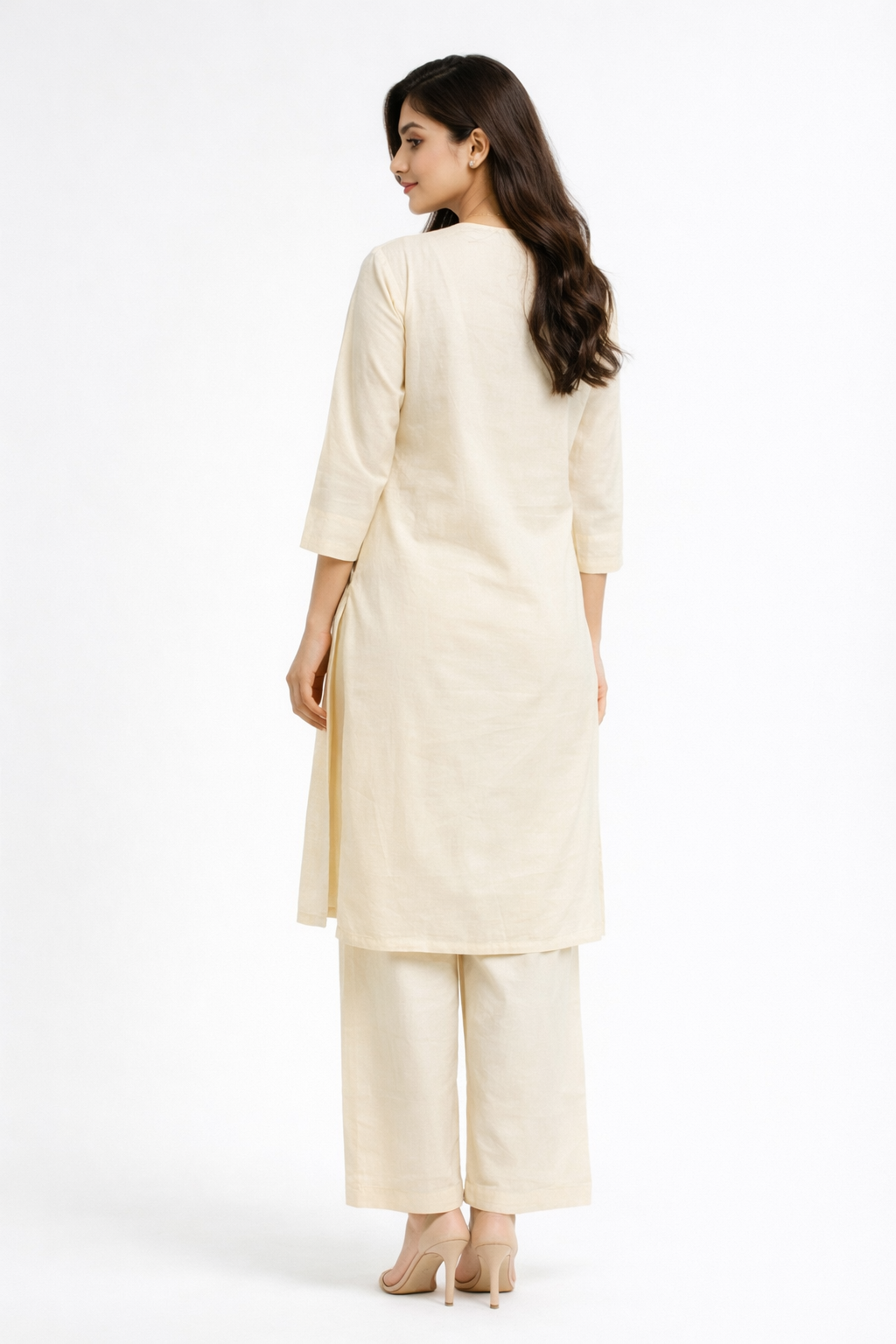 Elegant Cream floral embroidery Kurta Set with Palazzo Pants
