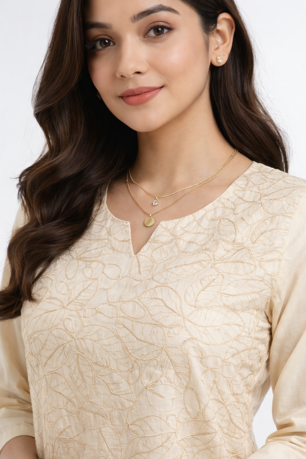 Elegant Cream floral embroidery Kurta Set with Palazzo Pants
