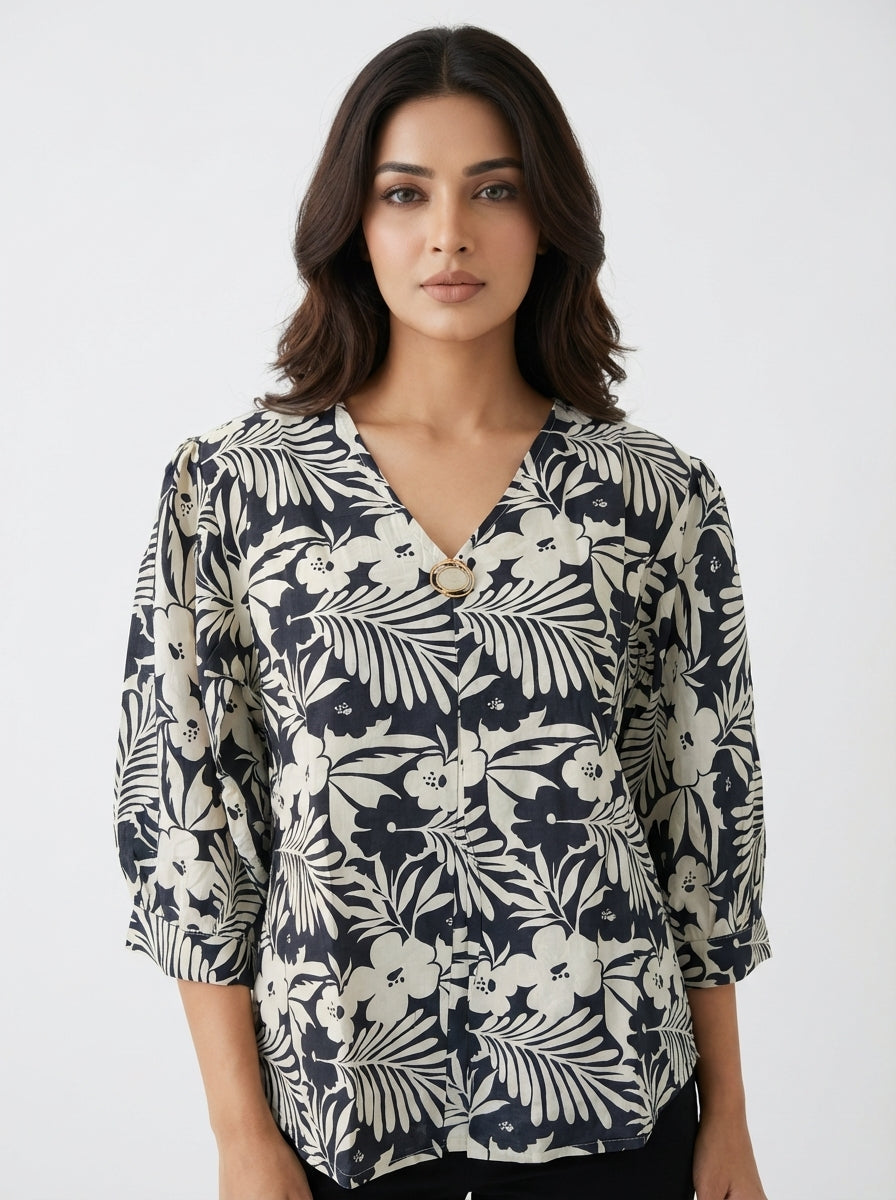 Elegant Black & Beige Floral Print Top – V-Neck Button Detail Blouse