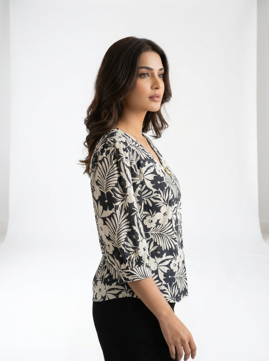 Elegant Black & Beige Floral Print Top – V-Neck Button Detail Blouse