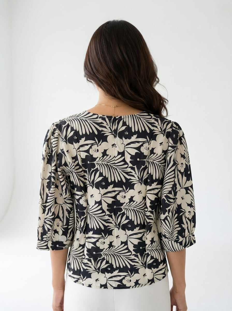 Elegant Black & Beige Floral Print Top – V-Neck Button Detail Blouse