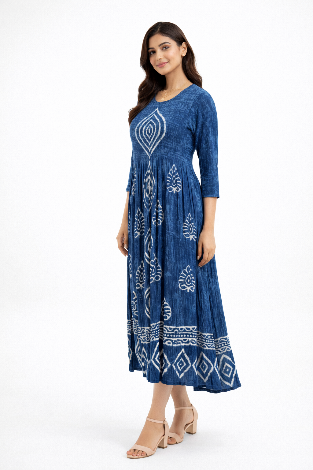 Midi dress featuring a round neckline and long sleeves