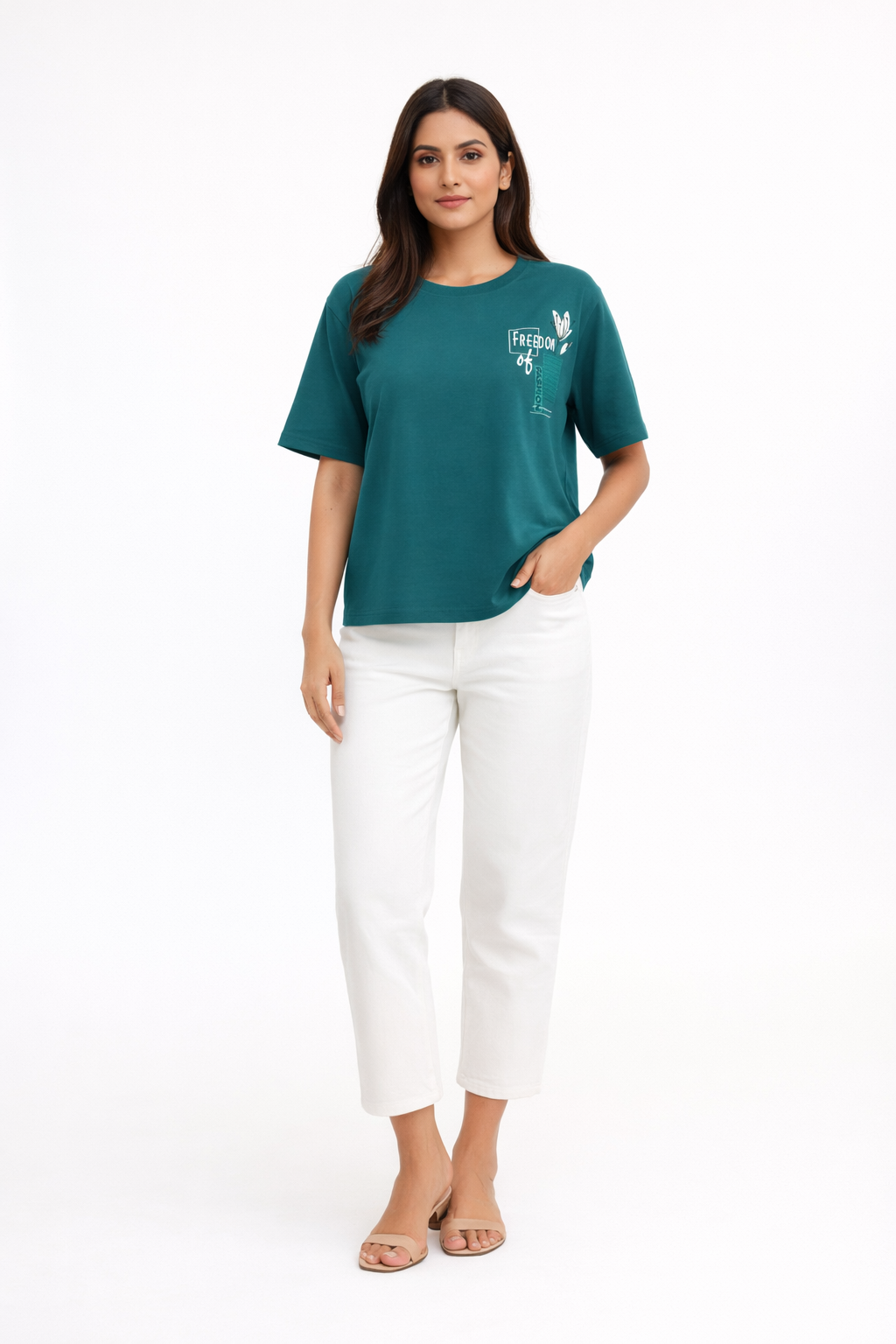 Teal Green Graphic T-Shirt – Freedom of Fashion Casual Tee)