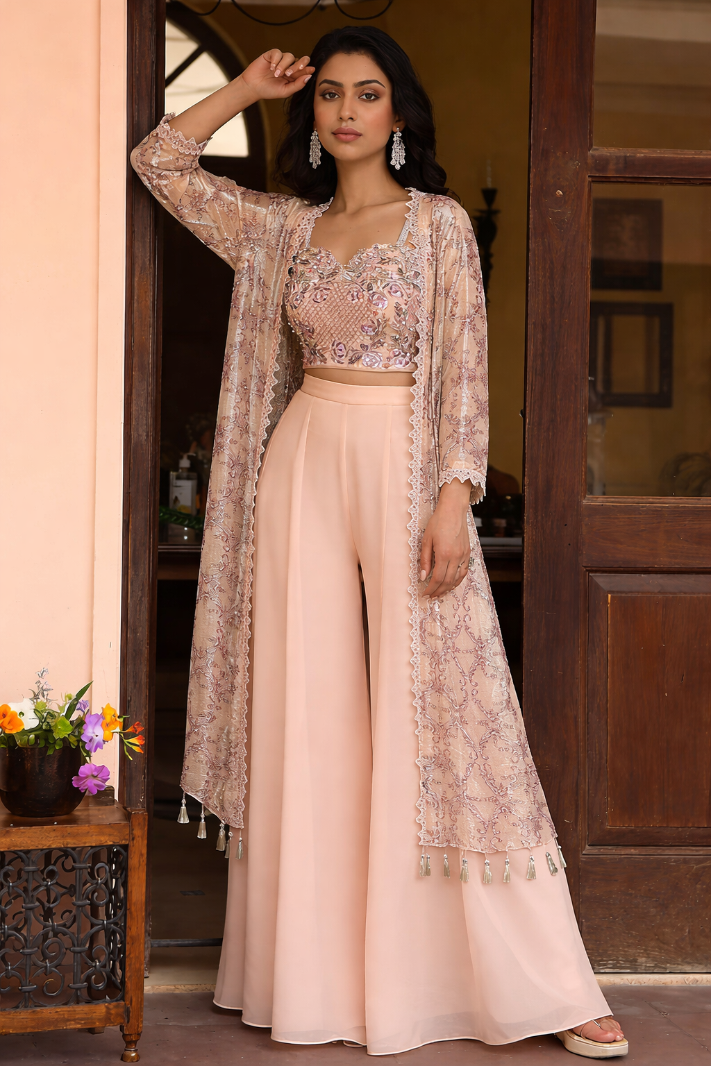 Woman in a traditional outfit with floral top and pink pants standing indoors.