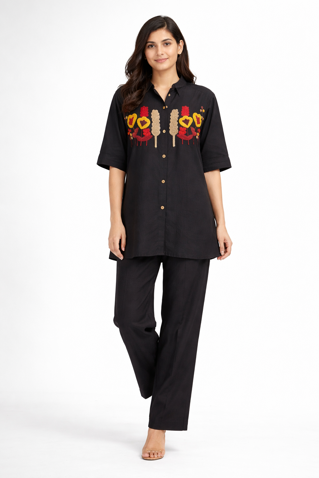 Elegant Black Embroidered Kurta Set with Shirt Collar.