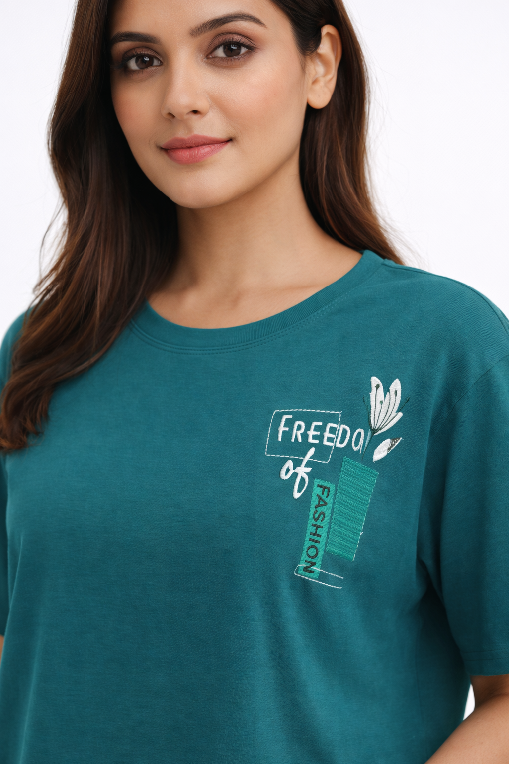 Teal Green Graphic T-Shirt – Freedom of Fashion Casual Tee)