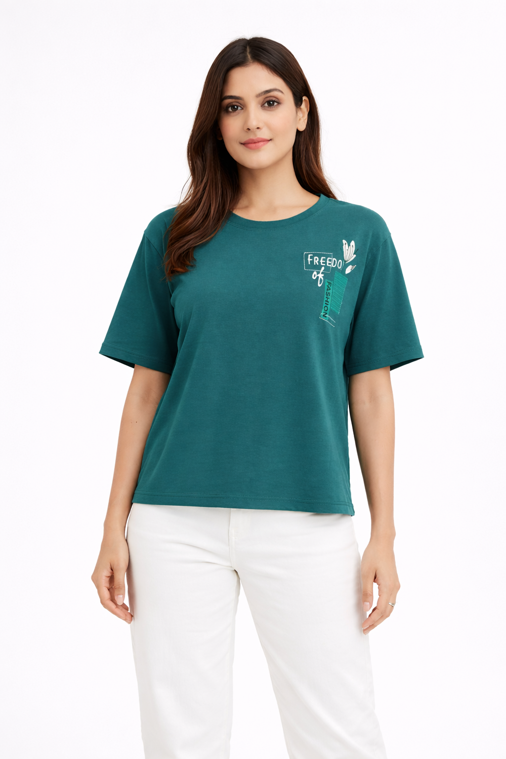 Teal Green Graphic T-Shirt – Freedom of Fashion Casual Tee)