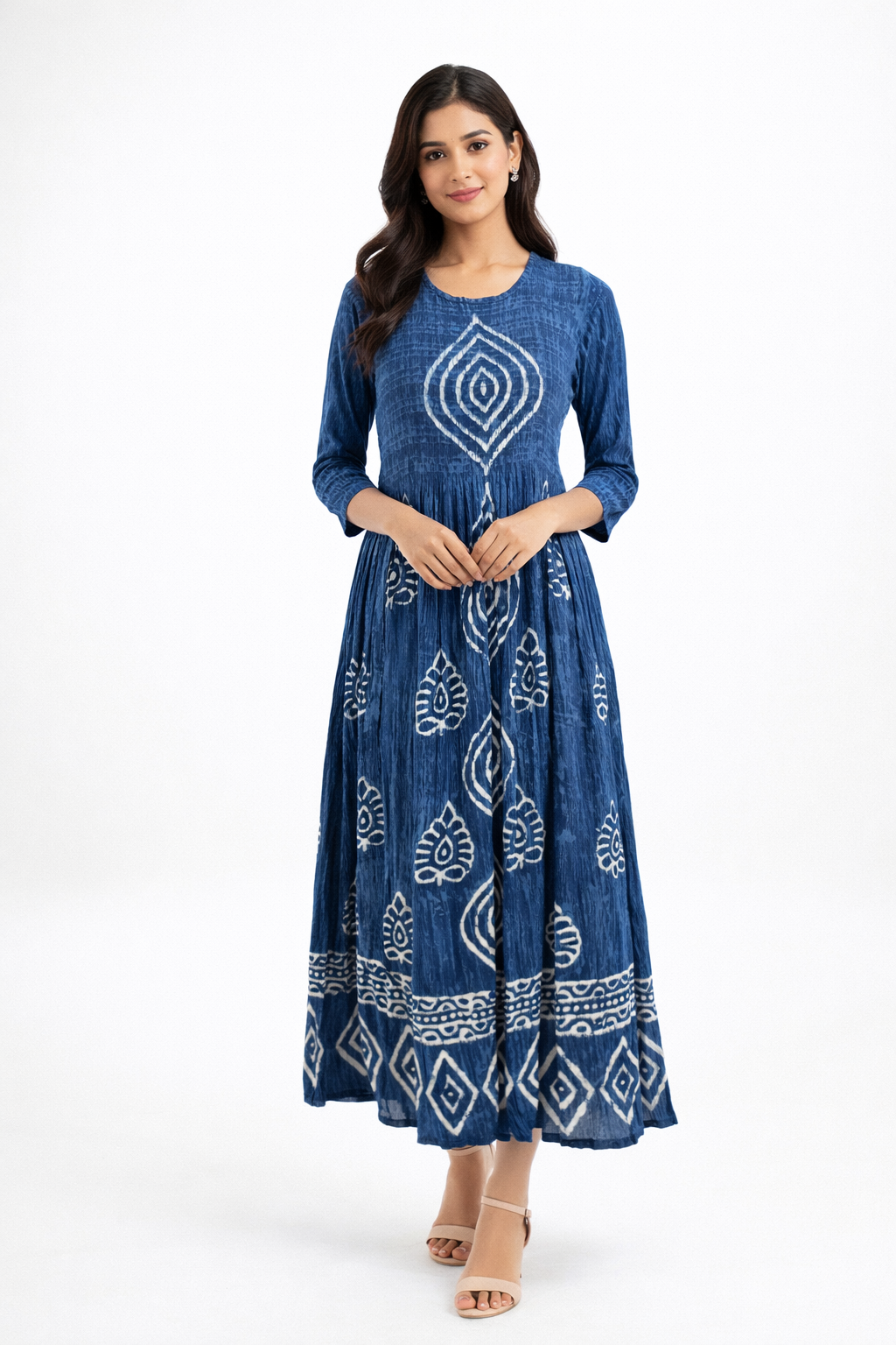 Midi dress featuring a round neckline and long sleeves