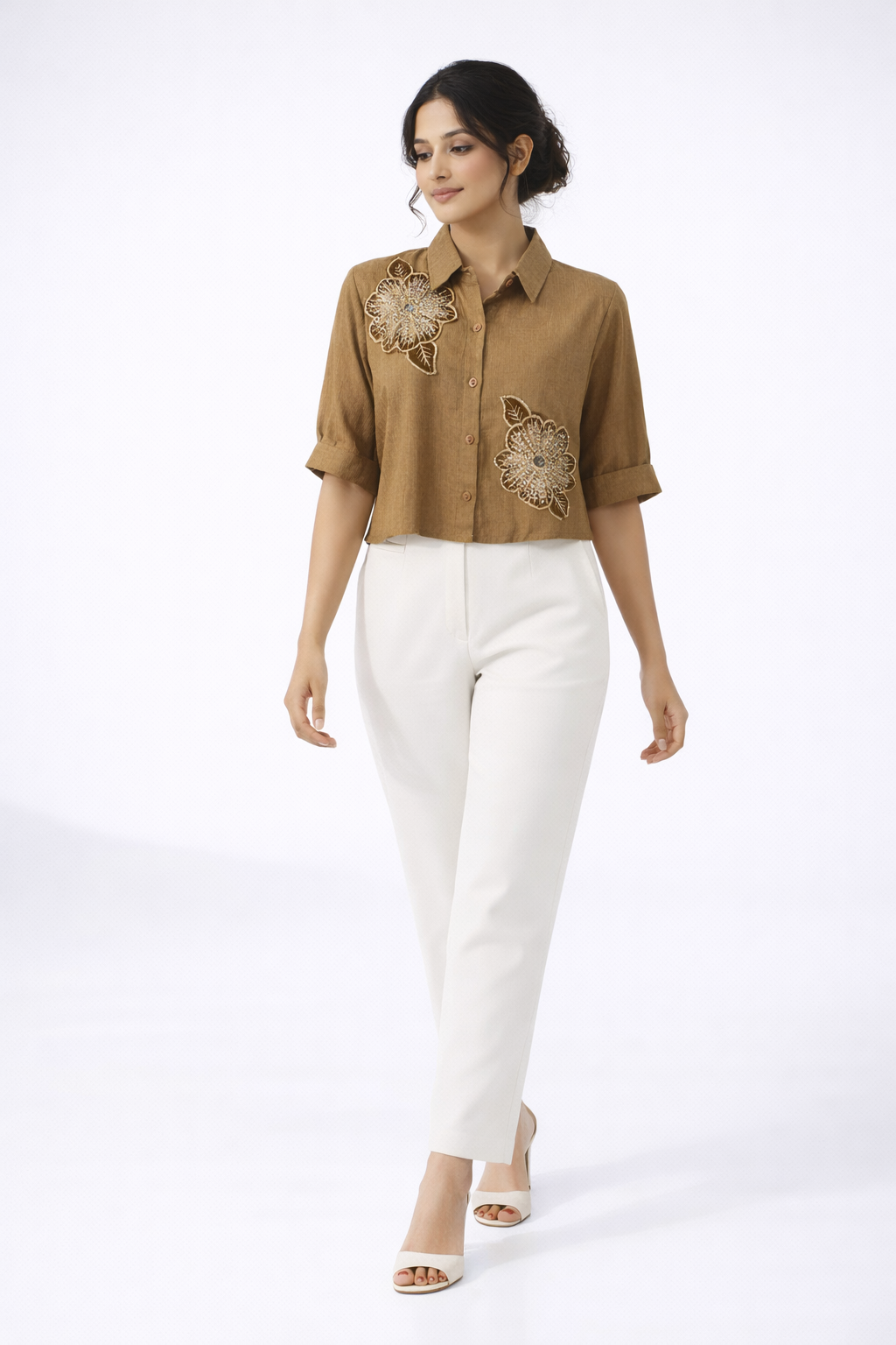 Brown Embroidered Crop Shirt – Elegant Floral Detail Top