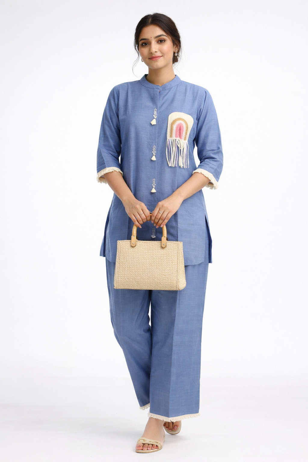 Elegant Sky Blue Kurta Set with Handcrafted Patch Detail.