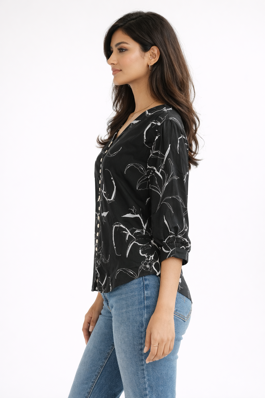 Elegant Black Printed V-Neck Top with Button Detail