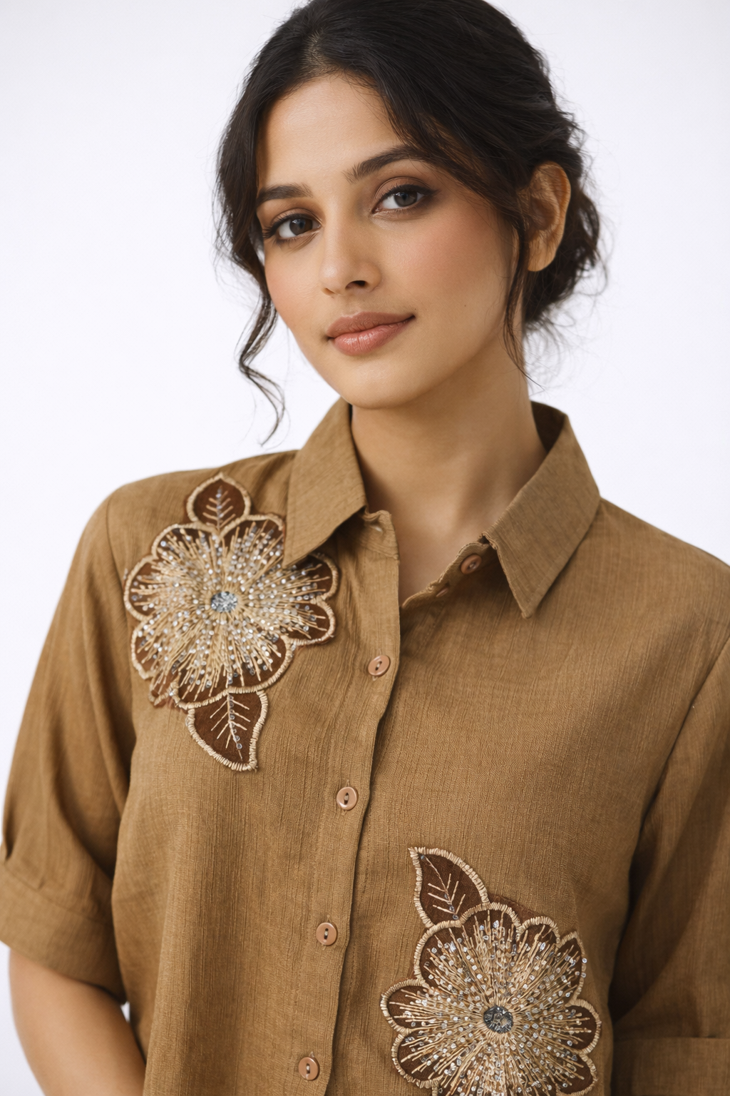 Brown Embroidered Crop Shirt – Elegant Floral Detail Top
