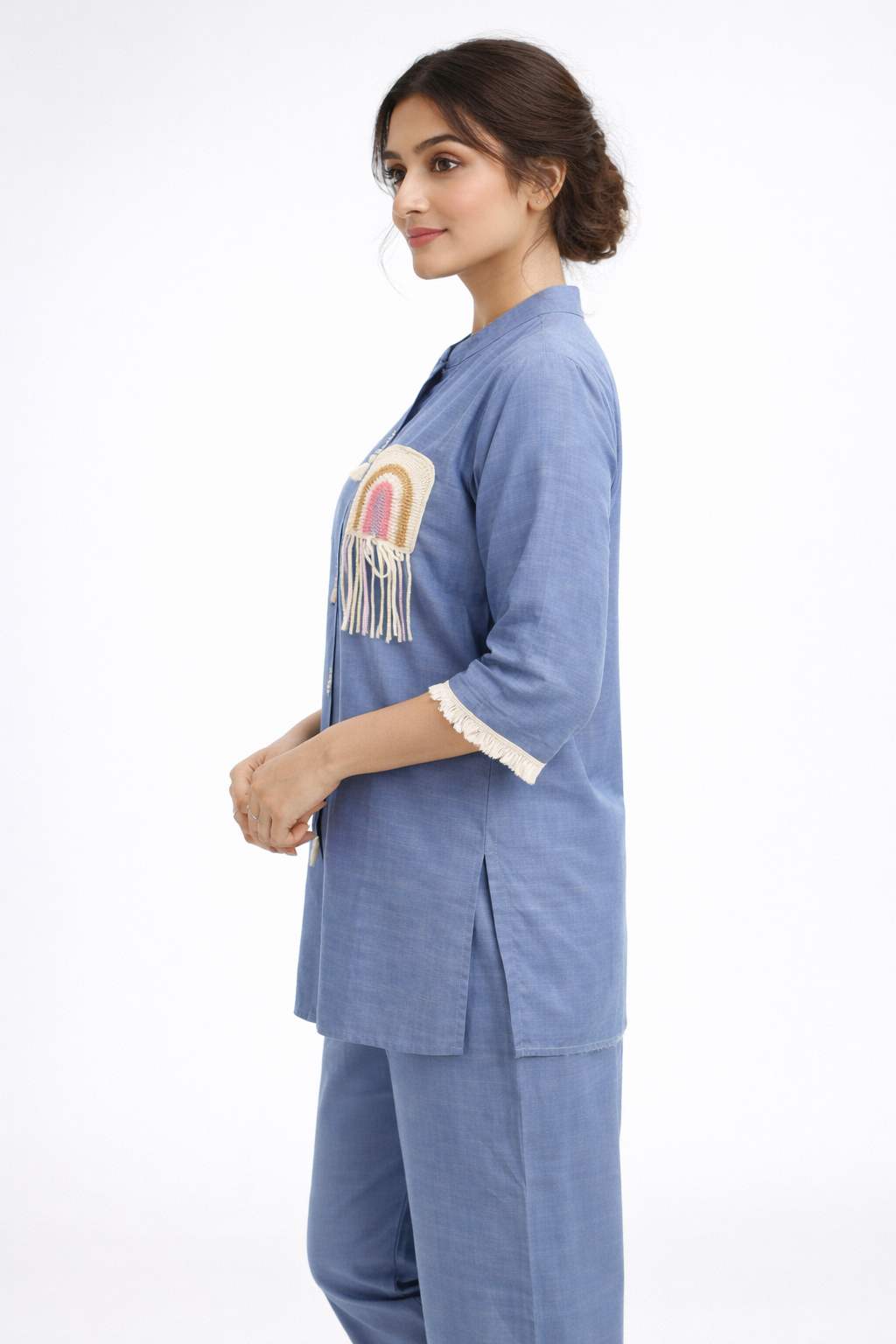 Elegant Sky Blue Kurta Set with Handcrafted Patch Detail.