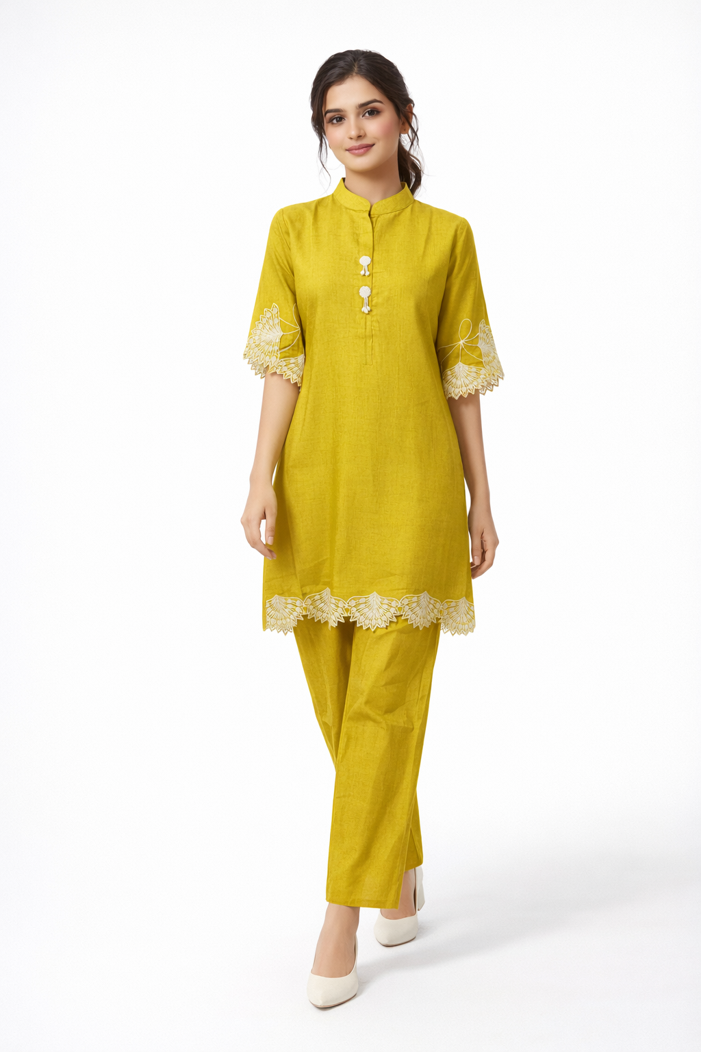 Two-piece co-ord set featuring with delicate scalloped cutwork embroidery