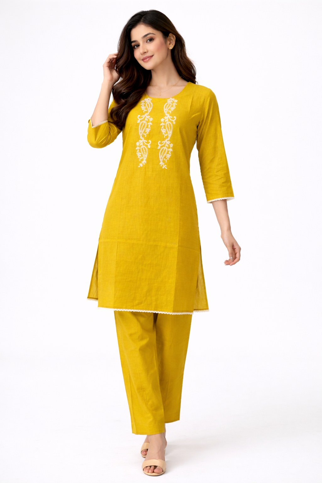 Elegant Mustard Embroidered Kurta Set for Women .
