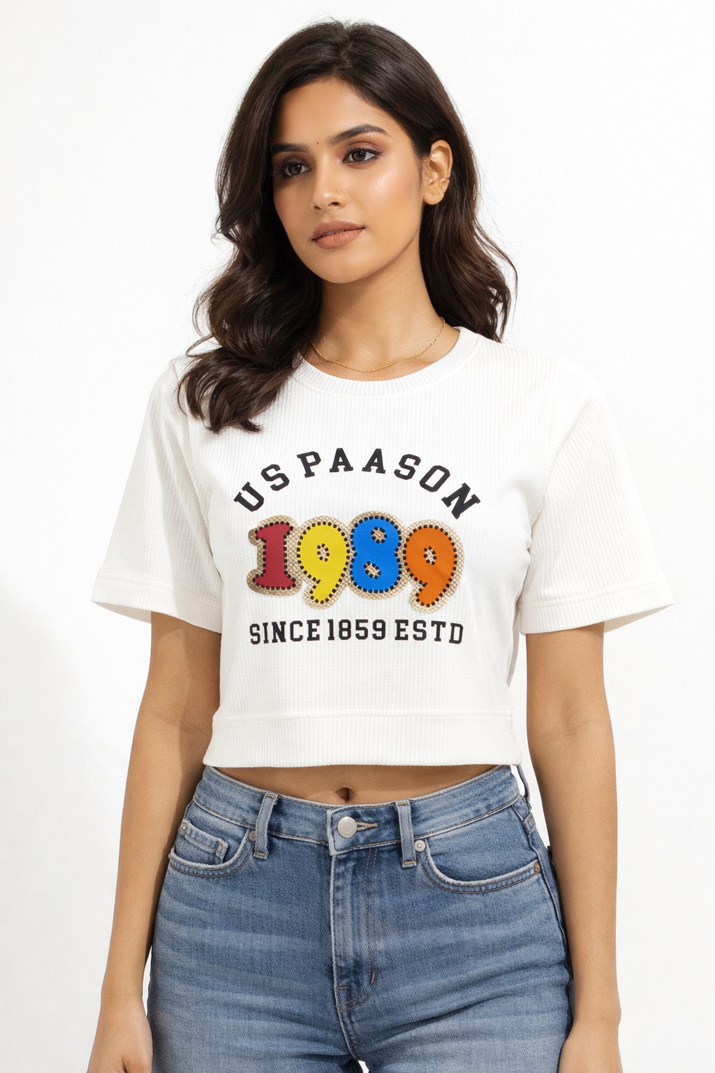 White Graphic Crop Top – Casual Printed Tee for Women