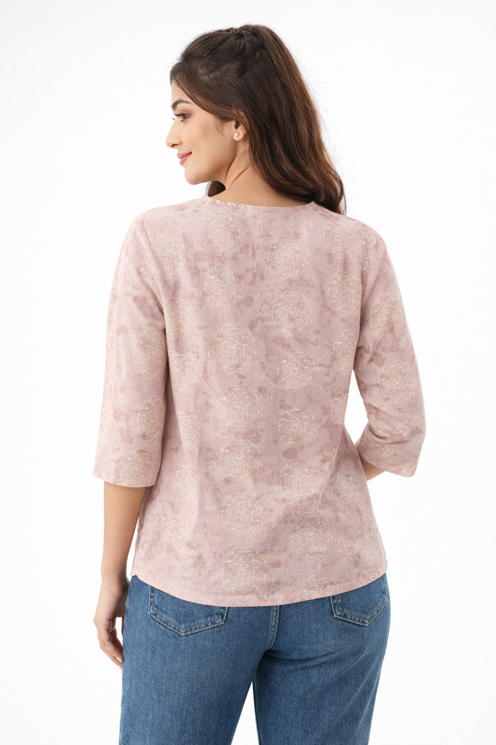 Dusty Pink Floral Printed Top – Elegant Pleated Neck