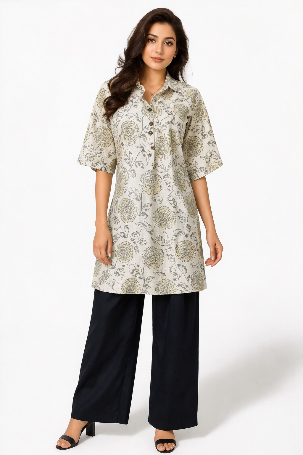 Elegant Beige Floral Printed Straight Kurta and pant
