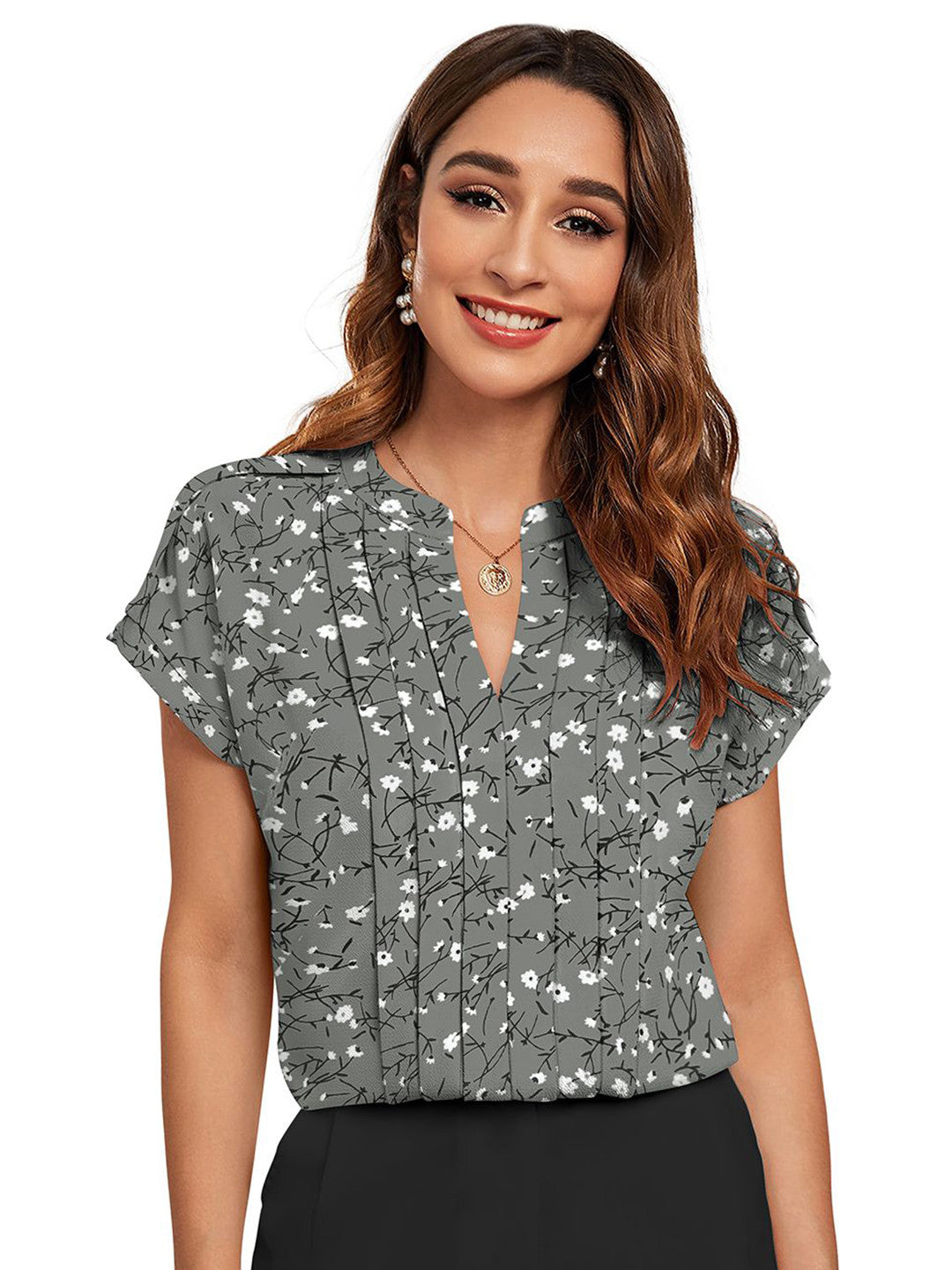 Women Floral Printed Mandarin Collar Cotton Top