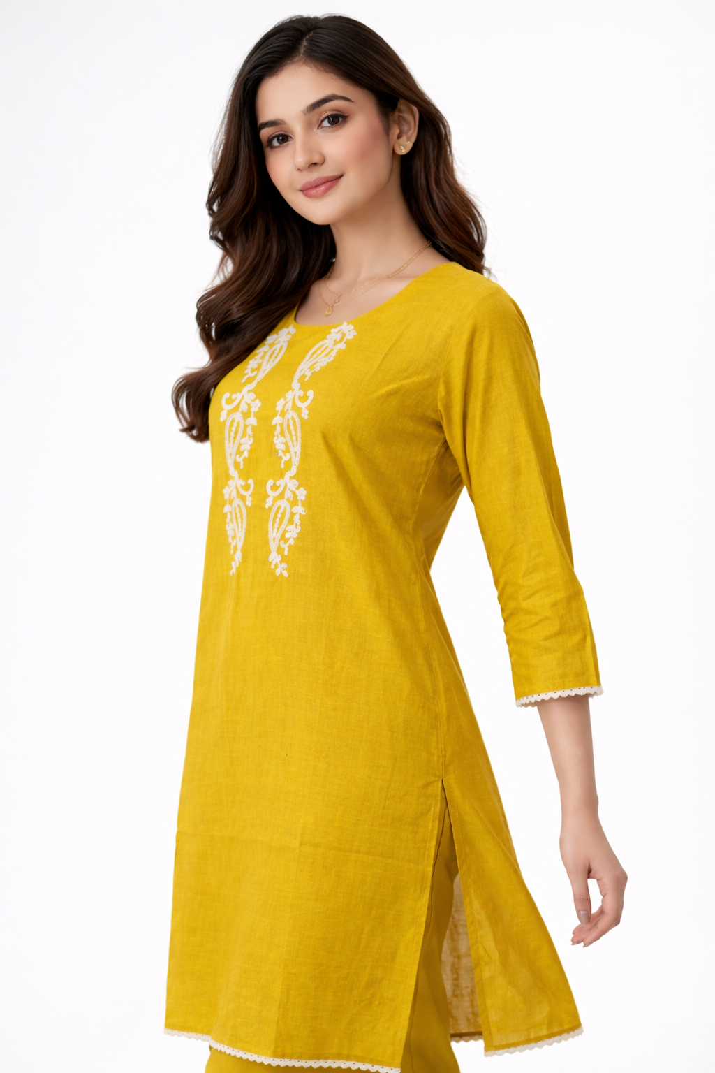 Elegant Mustard Embroidered Kurta Set for Women .