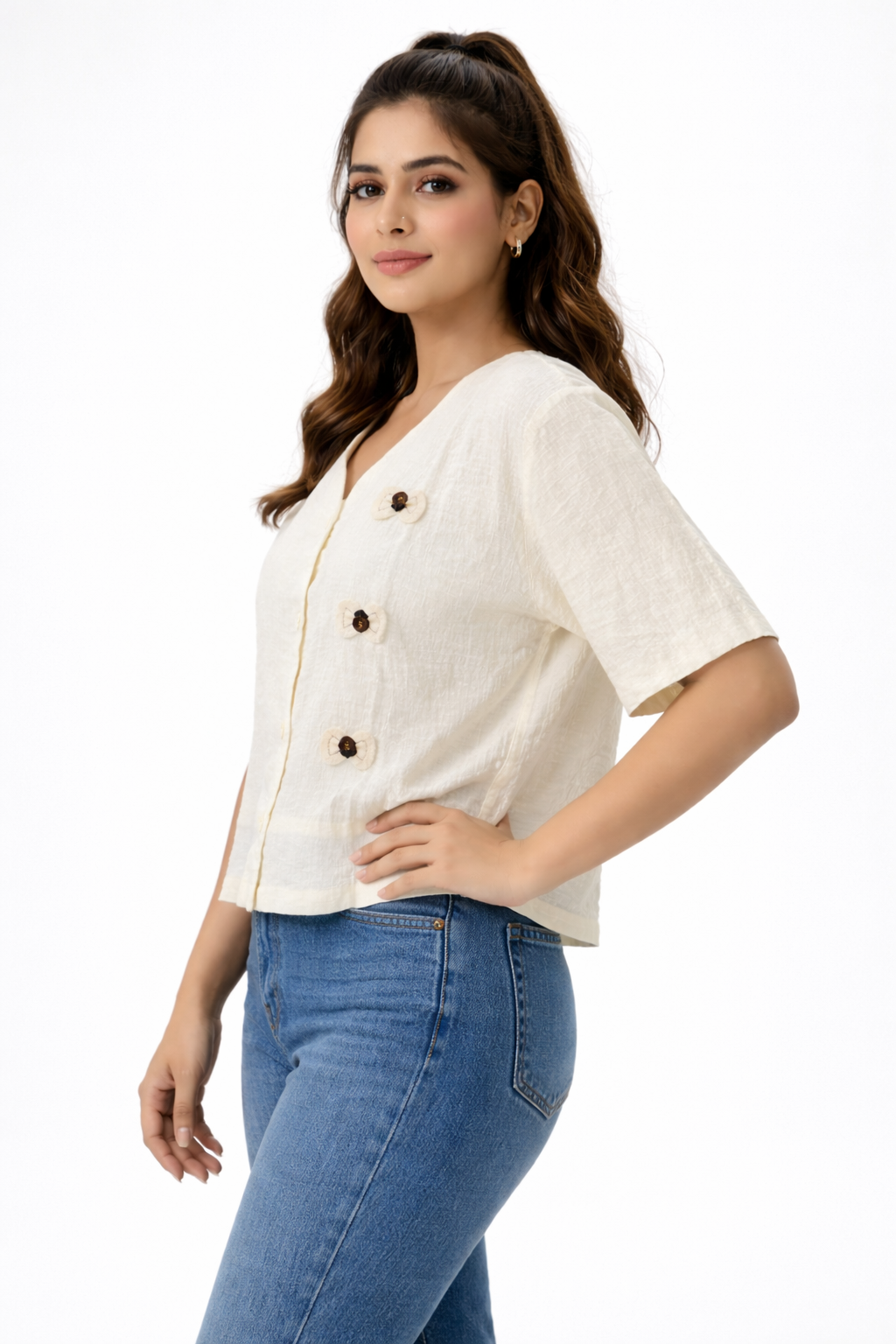 Elegant Off-White Button Detail Top – Minimal V-Neck Blouse