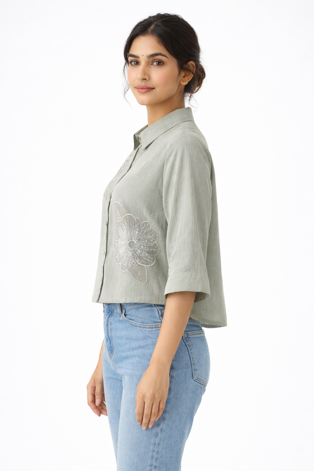 Elegant Sage Green Embroidered Crop Shirt