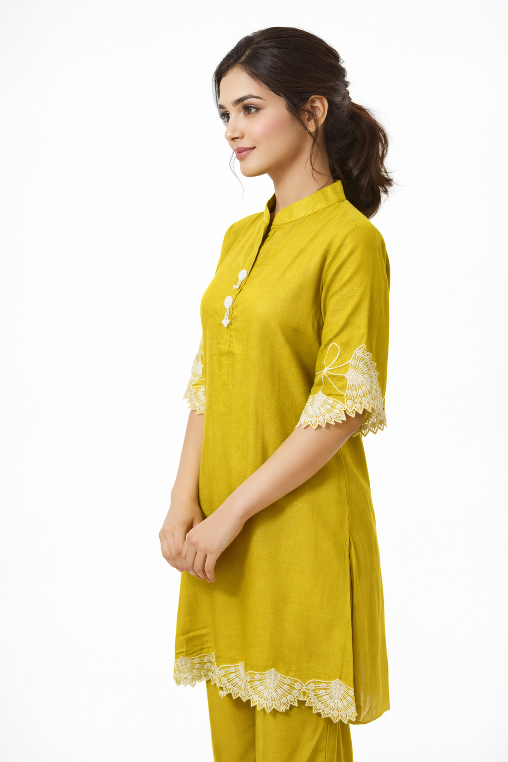 Two-piece co-ord set featuring with delicate scalloped cutwork embroidery