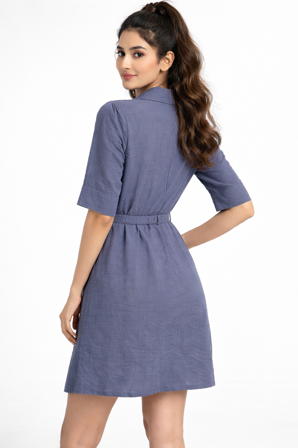 Slate blue belted shirt dress. versatile style, perfect for casual and semi-formal occasions.