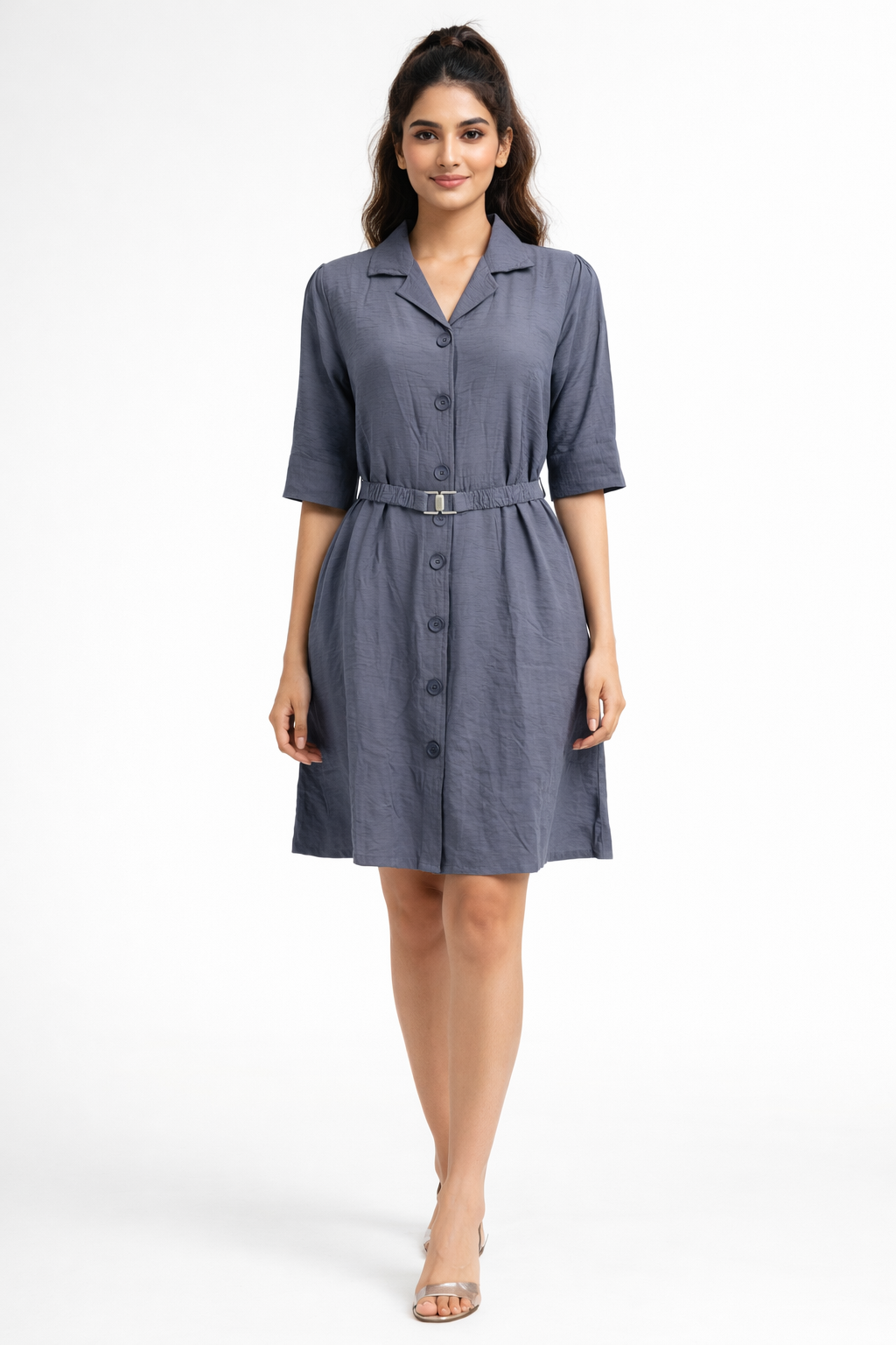 Slate blue belted shirt dress. versatile style, perfect for casual and semi-formal occasions.