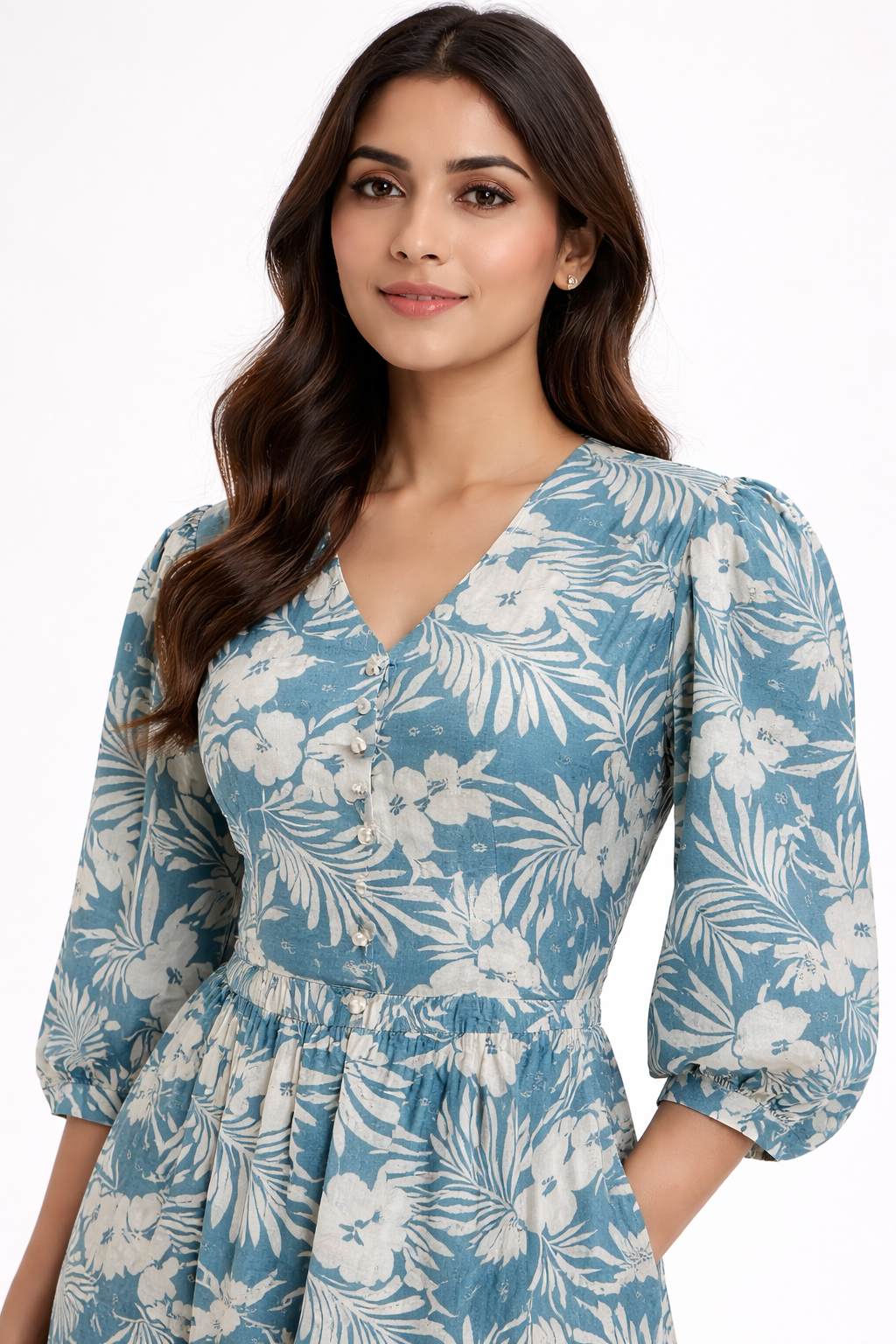 Blue floral dress features a flattering fit & flare silhouette with a soft, flowy feel.