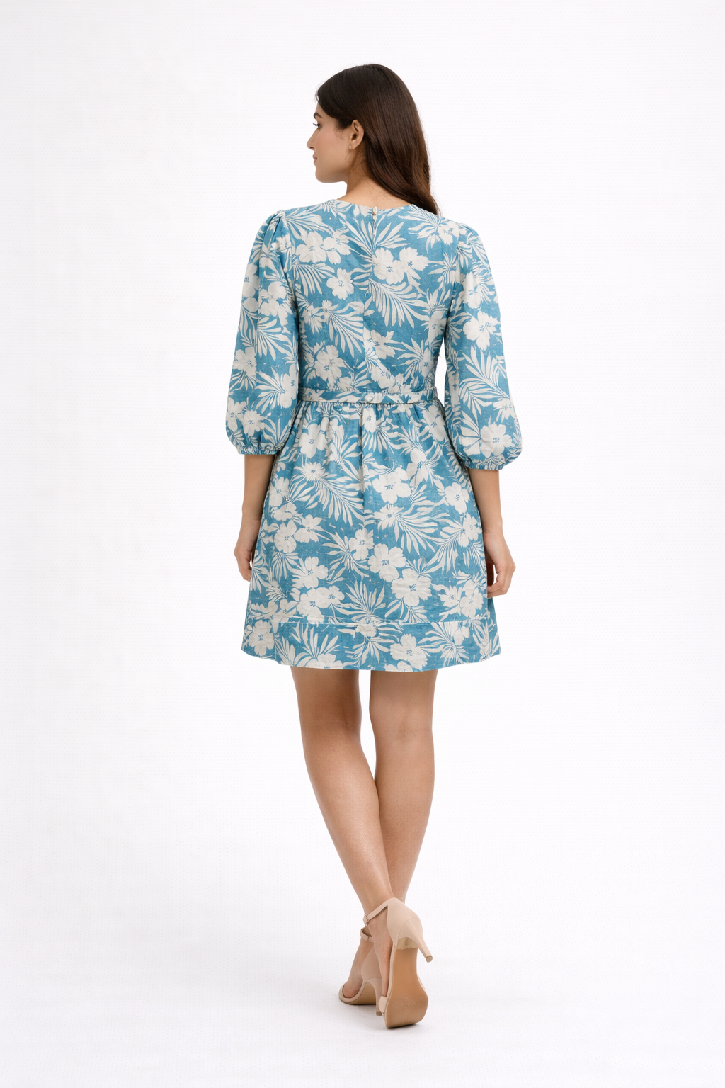 Blue floral dress features a flattering fit & flare silhouette with a soft, flowy feel.
