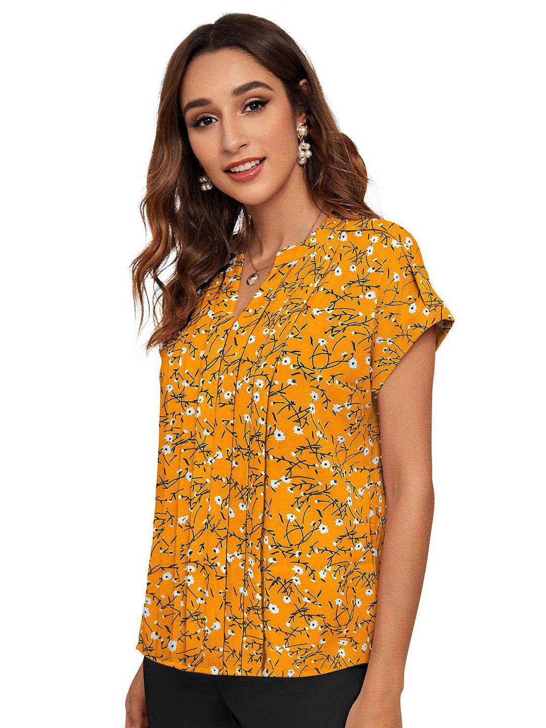 Women Floral Printed Mandarin Collar Cotton Top