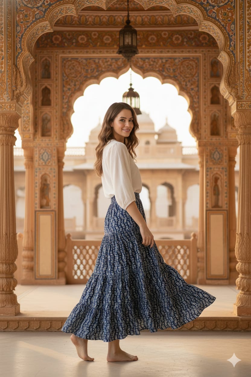 Flowy navy blue skirt featuring delicate white ethnic prints, designed for all-day comfort and effortless everyday elegance