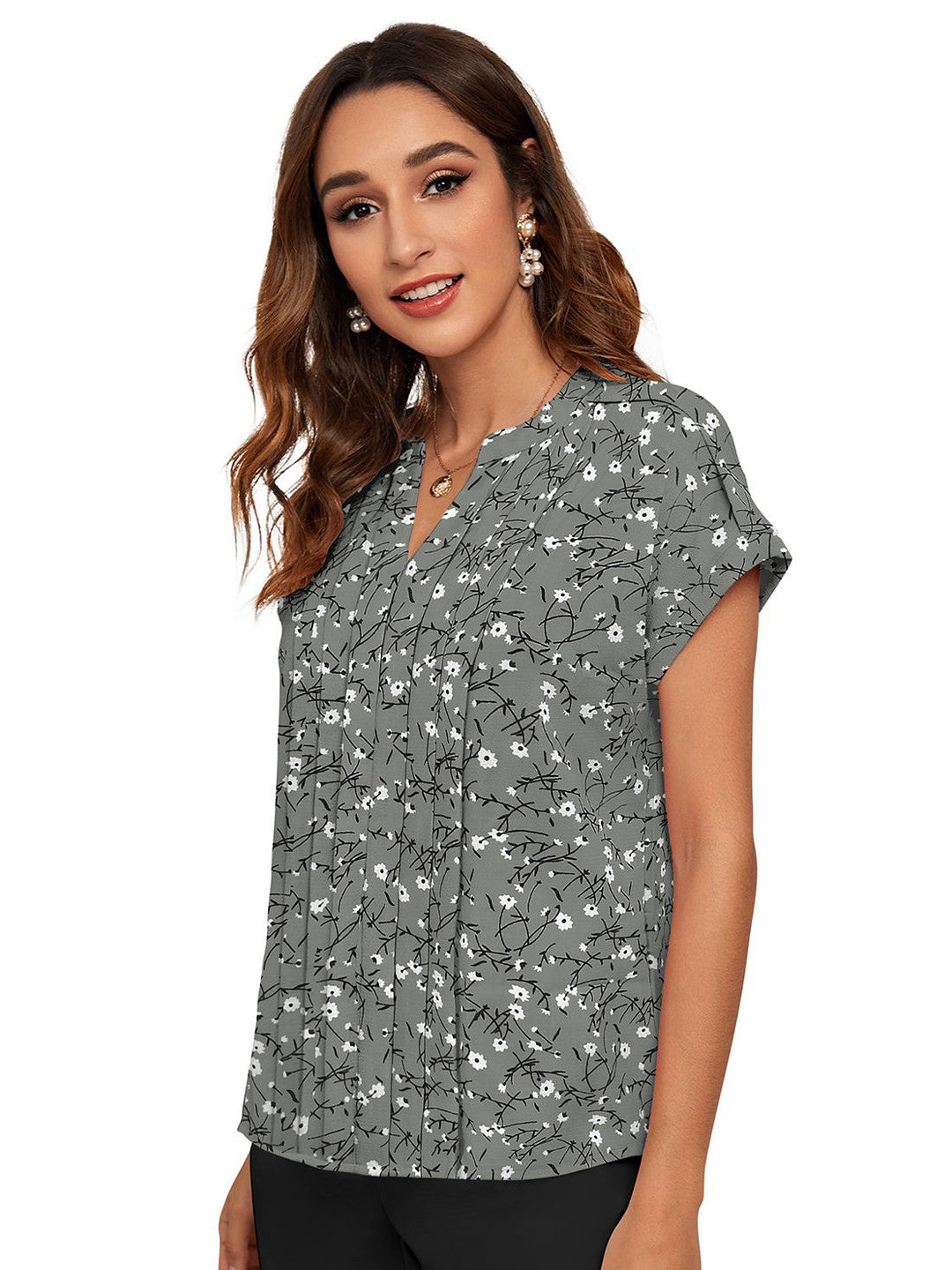 Women Floral Printed Mandarin Collar Cotton Top
