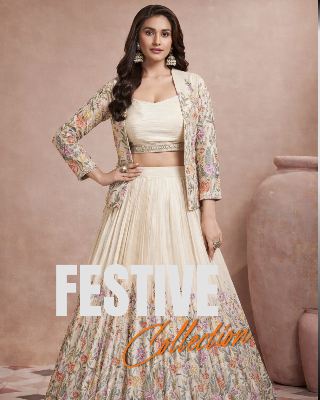 Woman in a traditional outfit with floral jacket and 'Festive Collection' text on a beige background